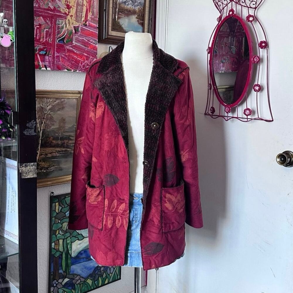 robert kitchen red leaf print reversible cardigan jacket